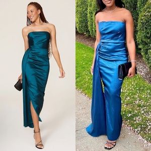 Elle Zeitoune Paulina Strapless Satin Gown in Blue Satin Size Large